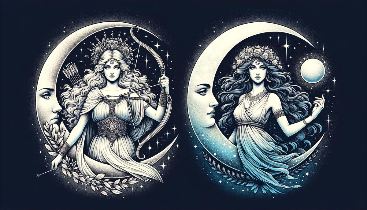 A comparative illustration of Diana, the Roman goddess of the moon and hunt, and Phoebe, the Greek Titan goddess of the moon, highlighting their similarities and differences.