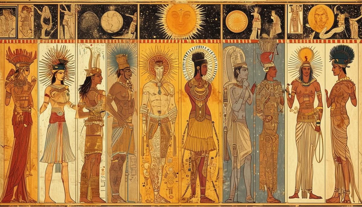 A comparative mythology montage featuring various solar deities and figures from different cultures, all embodying similar themes of light, order, and cosmic duties