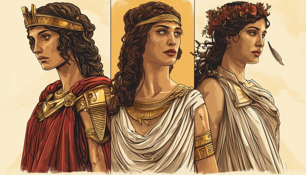 A comparison of the mythological figures Tecmessa, Helen of Troy, and Andromache, showing their different roles and fates in Greek mythology