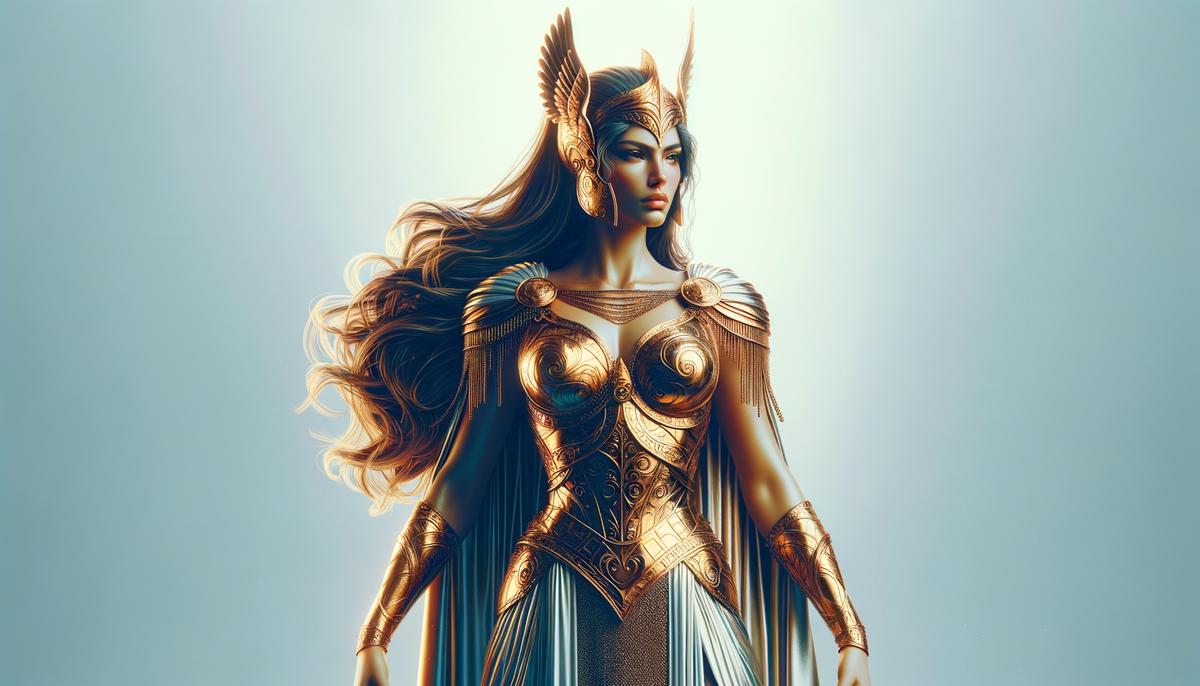 A confident, solo Athena standing tall, her armor gleaming