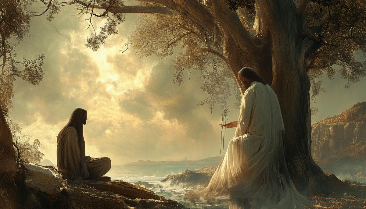 A contemplative scene depicting the theological significance of Achlys as a representation of life's inevitable sorrows and the acceptance of mortality
