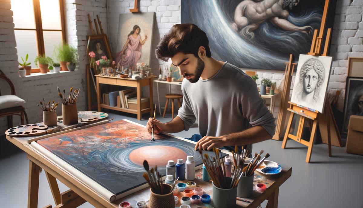 A contemporary artist working on a painting inspired by Apollo's pursuit of beauty