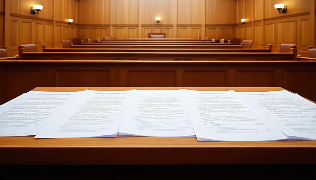 A courtroom scene with documents representing misinformation and restrictive laws