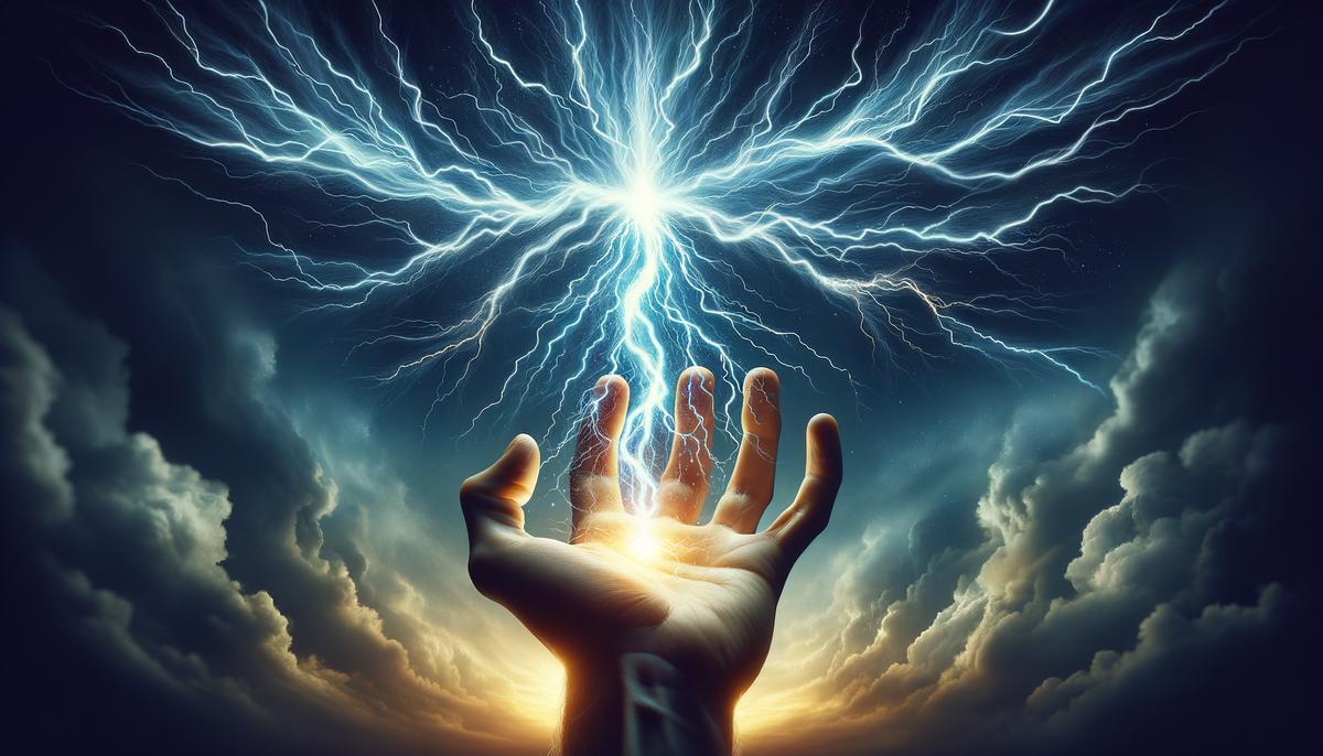 A crackling, electrifying thunderbolt held by a powerful hand against a stormy sky