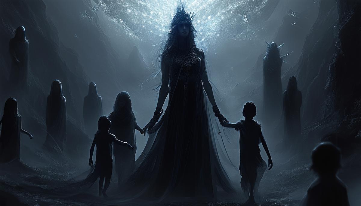 A dark and mysterious depiction of Nyx, the goddess of night, surrounded by shadowy figures representing her children, with Elpis standing out as a beacon of light