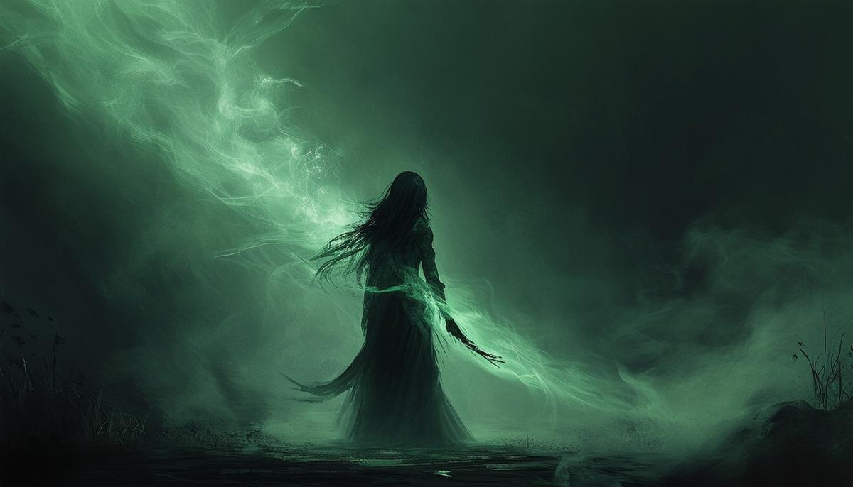 A dark, atmospheric scene showcasing Achlys's powers over poison and her ability to create a deathly mist that brings despair and sorrow