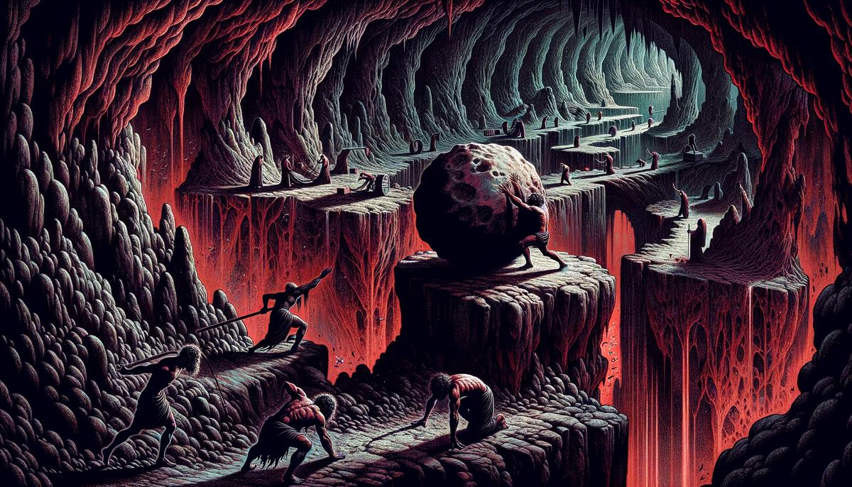 A dark, cavernous abyss with jagged rocks, shadows, and tortured souls, representing Tartarus, the deepest part of the Greek underworld.