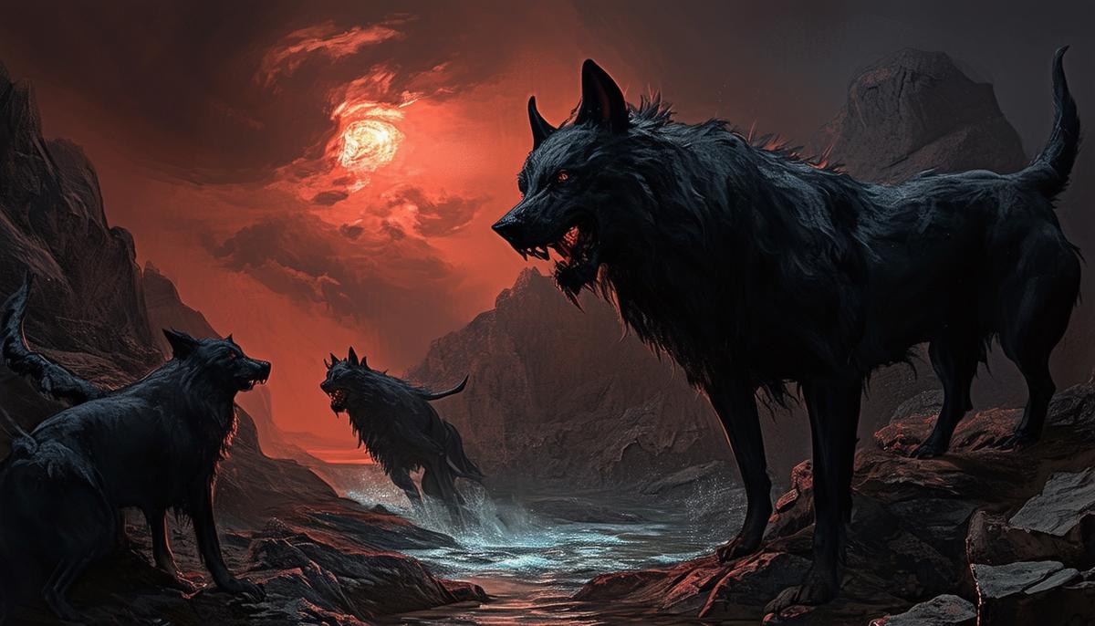 A dark, gloomy representation of the Greek Underworld, with the three-headed guard dog Cerberus and the River Styx.
