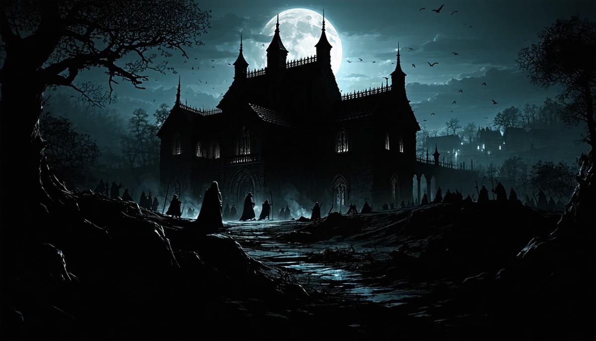 A dark, ominous illustration of the cursed House of Atreus with shadowy figures