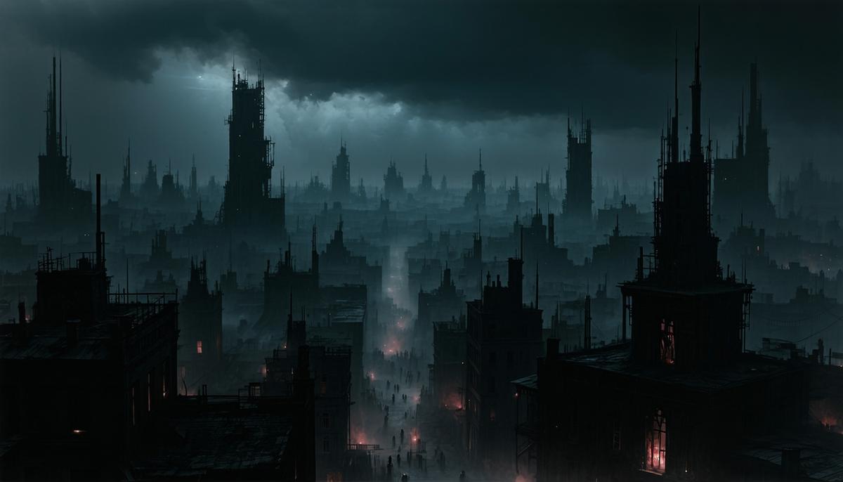 A dark, oppressive cityscape reminiscent of Tartarus in a dystopian setting