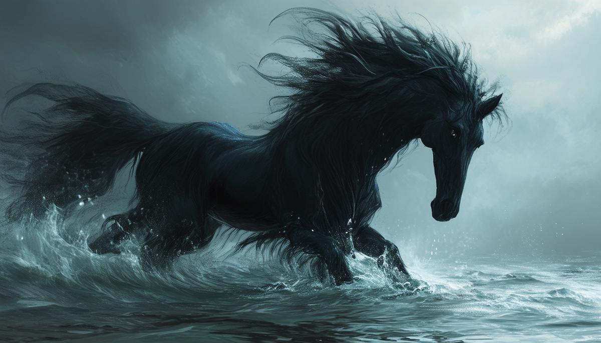 A dark, shape-shifting kelpie, the malevolent water horse spirit of Scottish folklore