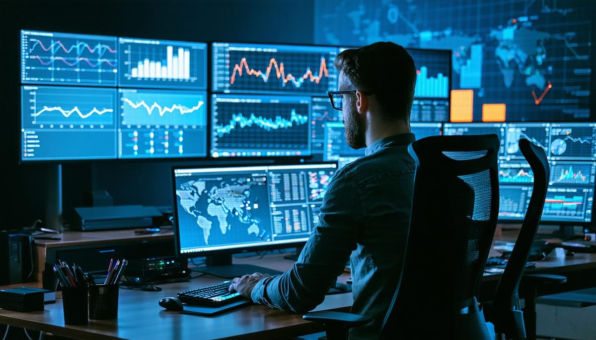 A data journalist working with computers and large screens displaying charts and graphs