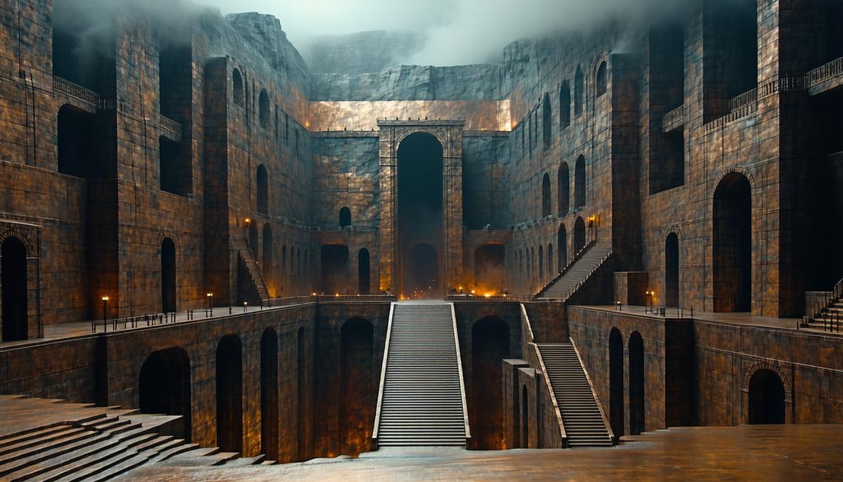 A deep, gloomy chasm with bronze walls, representing the mythological prison of Tartarus