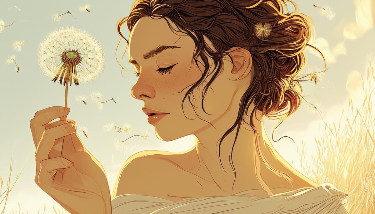 A delicate illustration of Lipse, the Greek wind goddess, holding a dandelion puff, with the seeds being carried by a gentle breeze, symbolizing her subtle influence