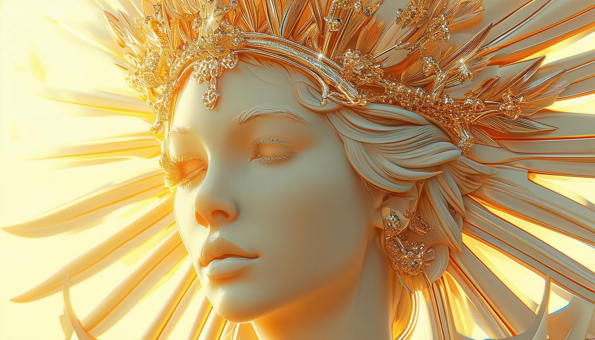 A delicate sculpture of Helia, the sun goddess, adorned with a shimmering crown that captures the soft glow of the sun