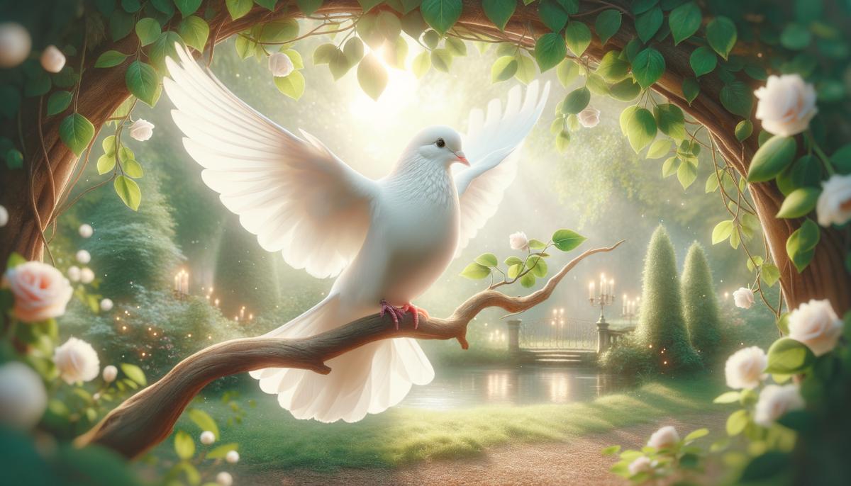 A delicate white dove, symbolizing Aphrodite, the Greek goddess of love, perched on a branch with a soft, romantic light surrounding it. The dove's gentle demeanor and graceful features represent love, beauty, and the power of tender emotions.