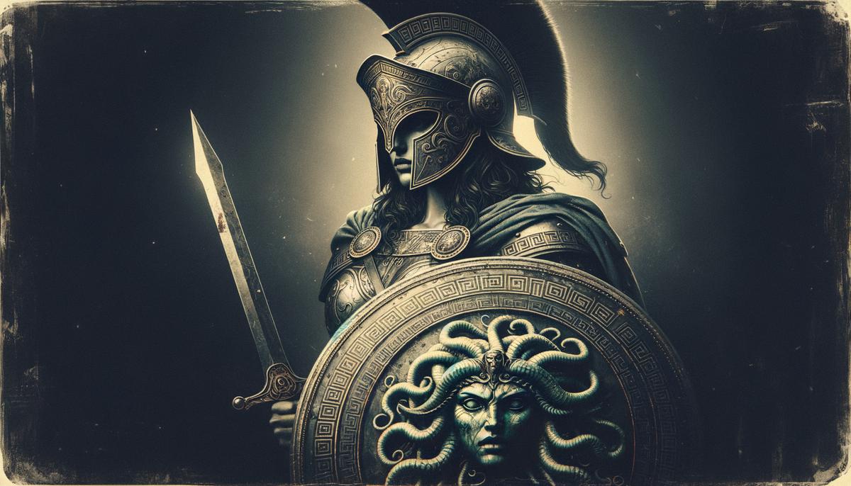 A depiction of the goddess Athena, clad in armor and holding her shield with the head of Medusa.
