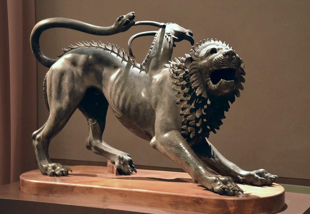 A detailed anatomical illustration of the Chimera showing its lion, goat, and serpent parts