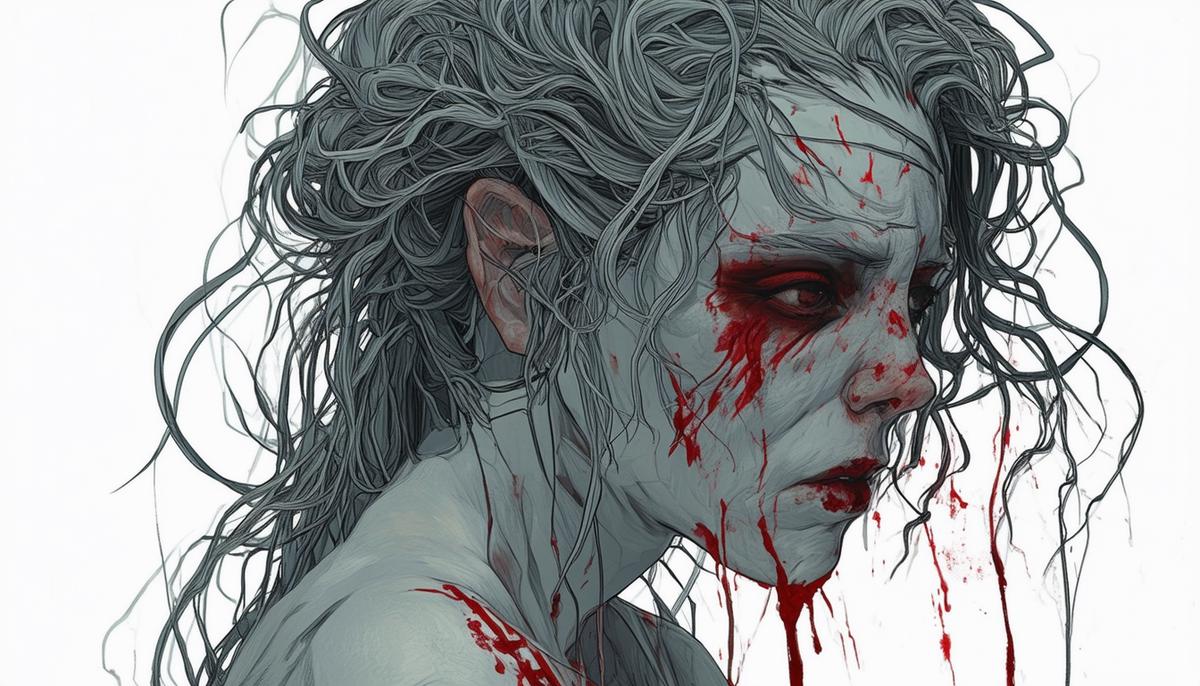 A detailed illustration of Achlys, the Greek goddess of misery, with her gaunt, pale features, tangled gray hair, and blood-streaked cheeks
