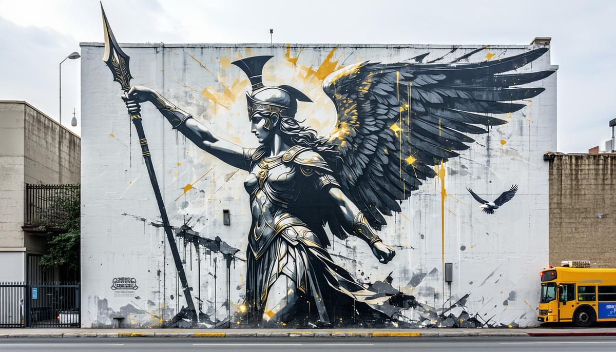 A detailed mural of Athena, goddess of wisdom, painted on a city wall with modern elements