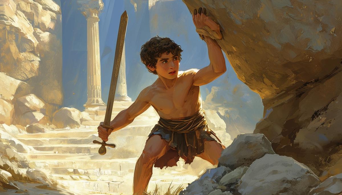 A determined young Theseus lifting a heavy boulder to retrieve his father's sword and sandals, marking the beginning of his heroic journey and self-discovery.