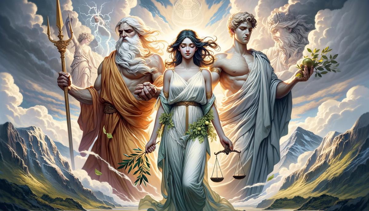A digital painting depicting the divine origins of Hesychia, the Greek goddess of tranquility, with her parents Zeus and Themis