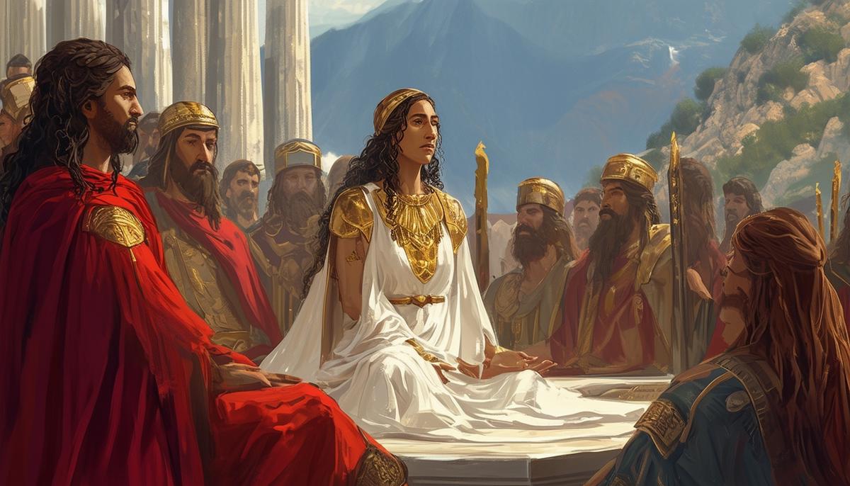 A digital painting illustrating Hesychia's presence in Greek mythological stories, depicting her calming influence during a divine council on Mount Olympus