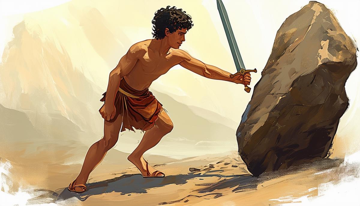 A digital painting of a young Theseus lifting a large rock to retrieve the sword and sandals left by his father King Aegeus, marking the start of his heroic journey.