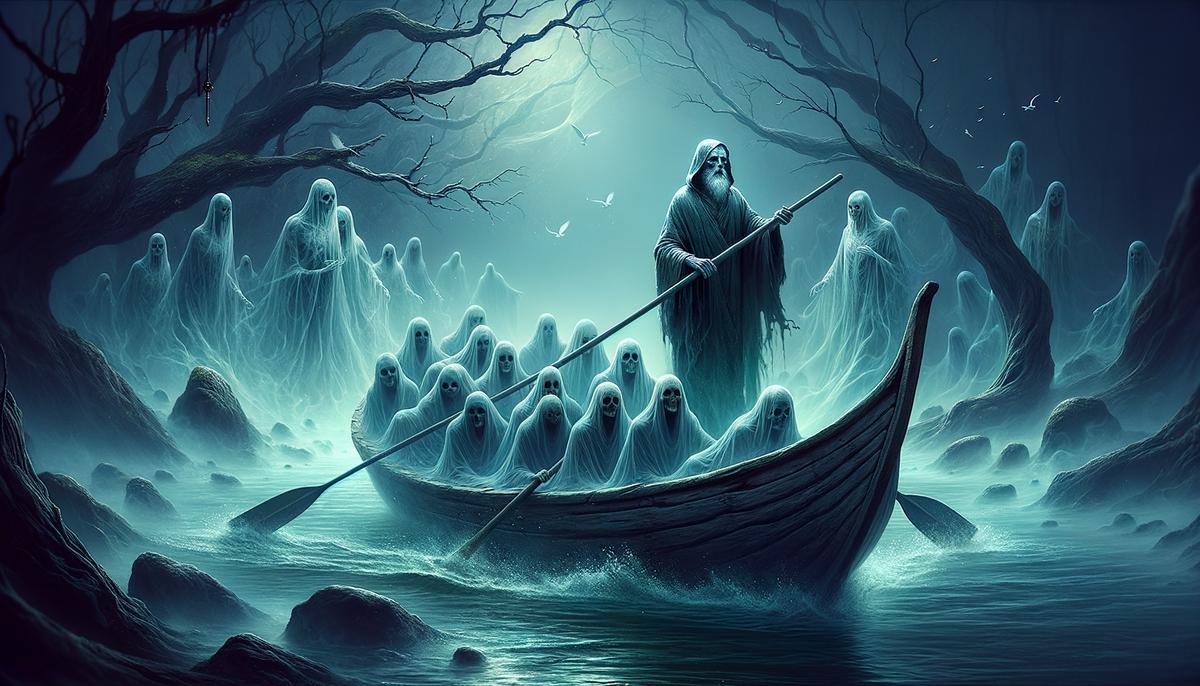 A digital painting of Charon ferrying souls across the river Styx in the Greek underworld, with ghostly figures boarding his boat and an eerie, misty atmosphere.