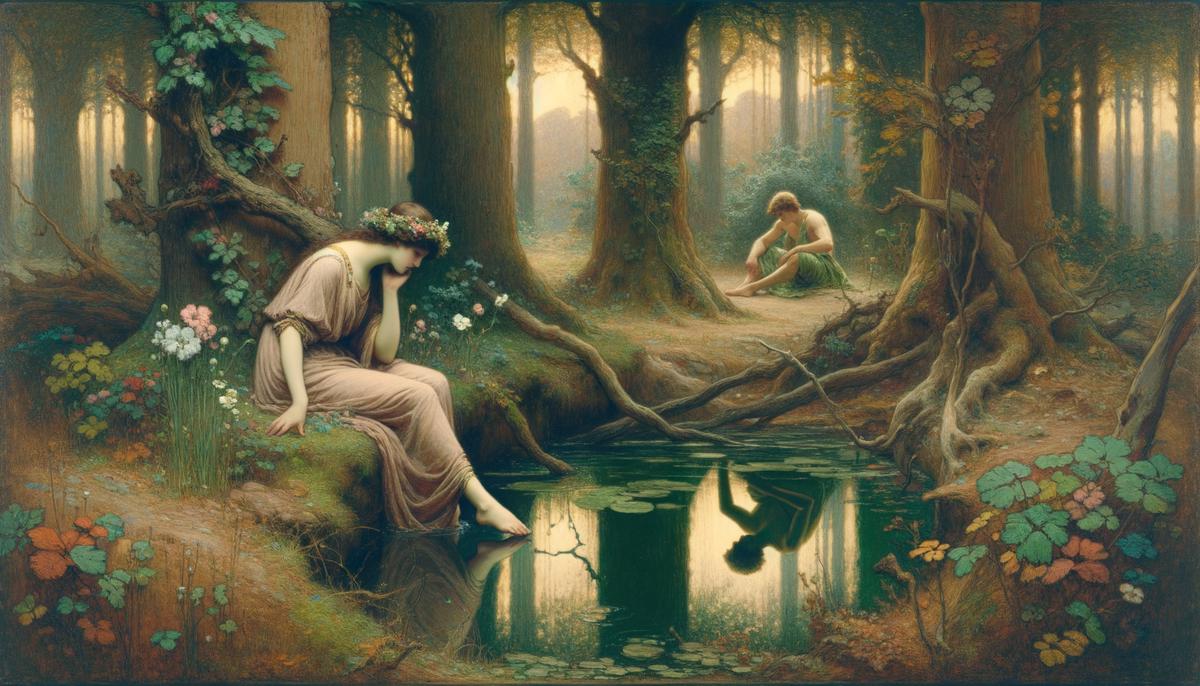 A digital painting of Echo fading away into the forest as she watches Narcissus stare longingly at his reflection in a pool. The image conveys the pain of unrequited love and the consequences of their respective curses.