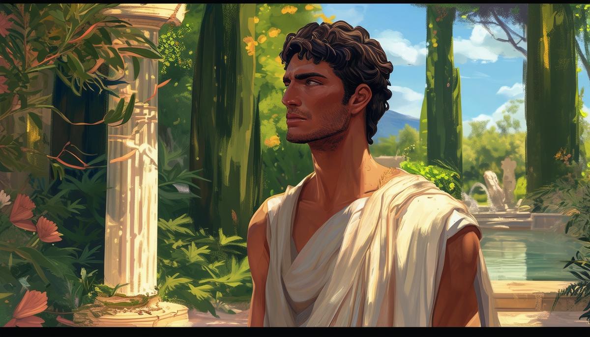 A digital painting of Phineus, looking peaceful and content, standing in a beautiful ancient Greek garden, symbolizing his freedom from torment and betrayal.
