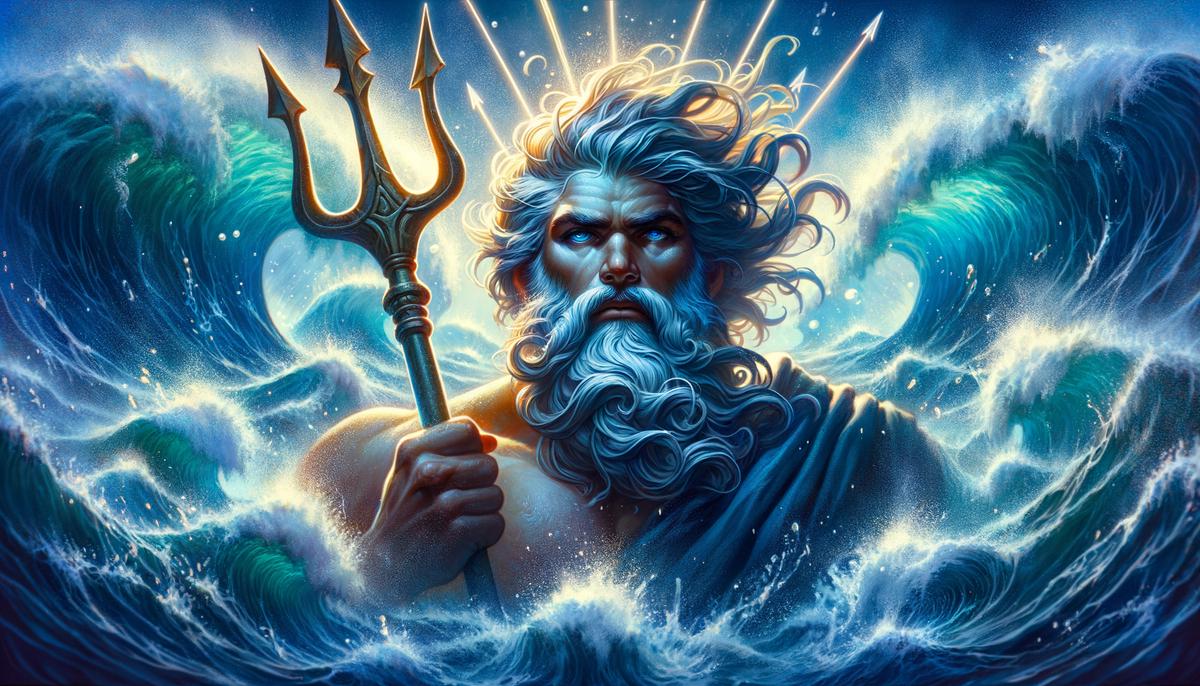 A digital painting of Poseidon, the Greek god of the sea and father of Orion in Greek mythology. He is shown with a trident, flowing white beard, and surrounded by ocean waves.