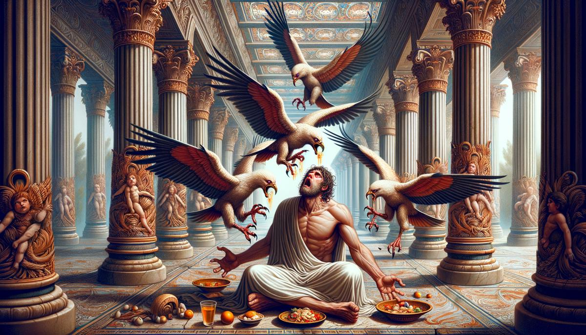 A digital painting of the Harpies, creatures with the bodies of birds and the heads of women, swooping down and snatching food from Phineus's plate, leaving him looking anguished and tormented.