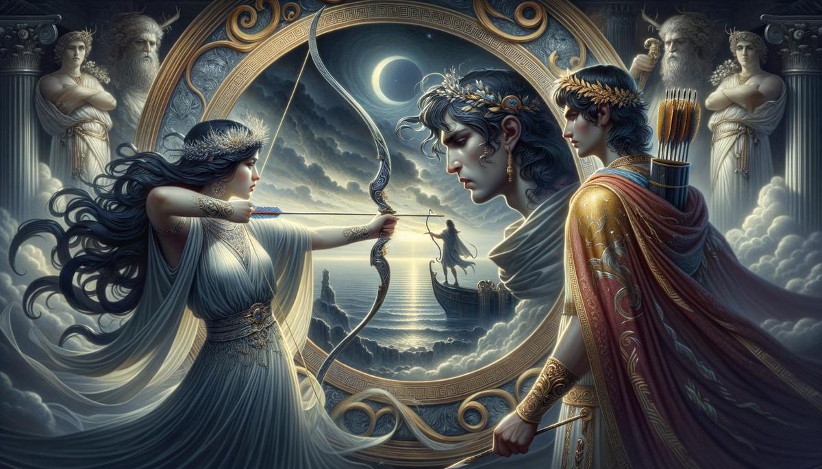 A digital painting showing the Greek gods Artemis and Apollo, with Artemis tragically shooting an arrow at Orion in the distance, tricked by Apollo.