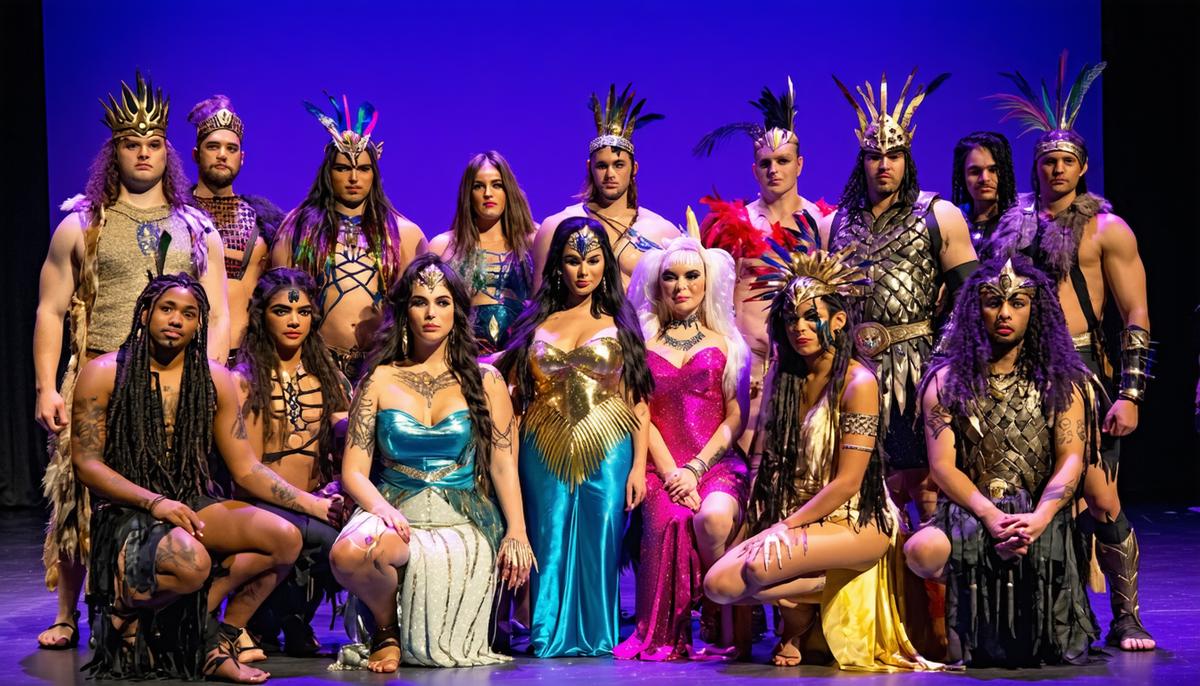 A diverse cast of actors portraying mythological characters, including visibly transgender performers