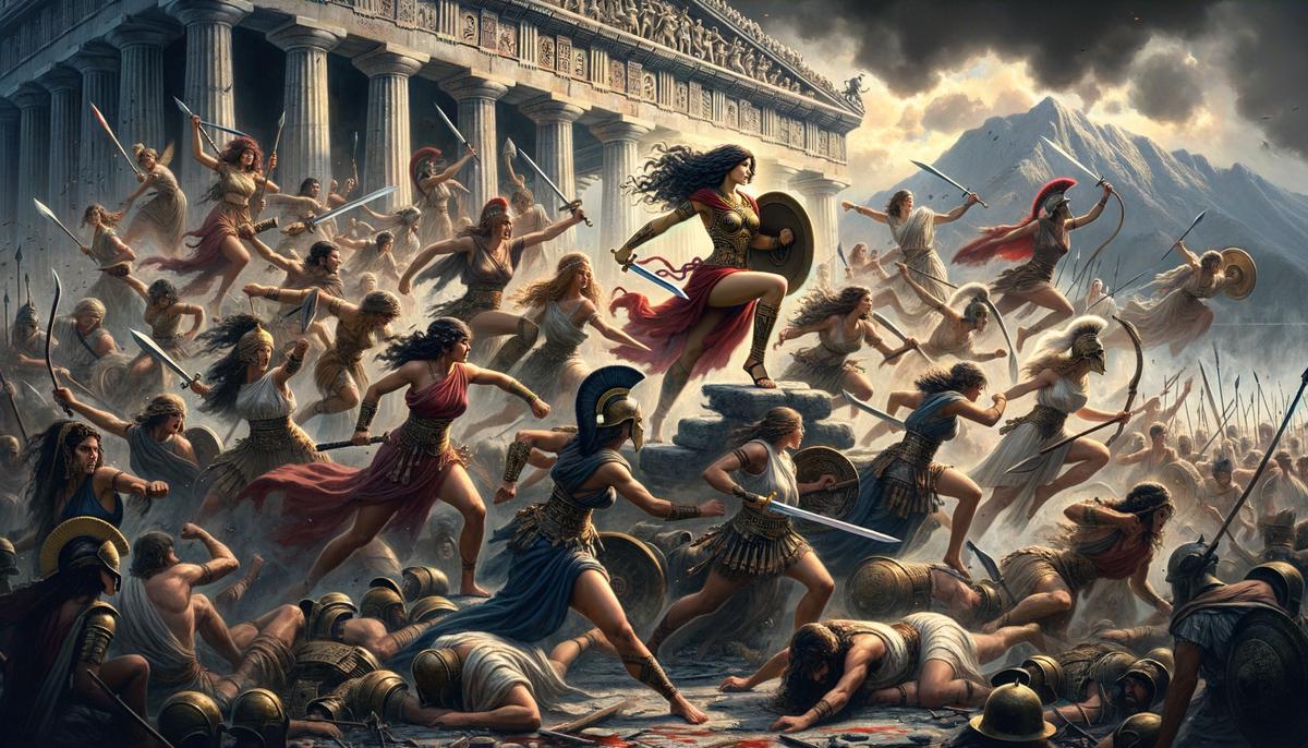 A dramatic battle scene from the Amazonomachy, with Amazonian warriors clashing against Athenian soldiers