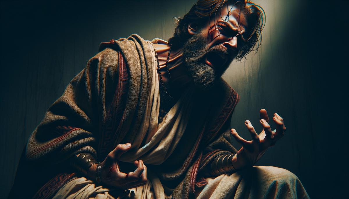 A dramatic depiction of Oedipus, a Greek tragic hero, grappling with his fate