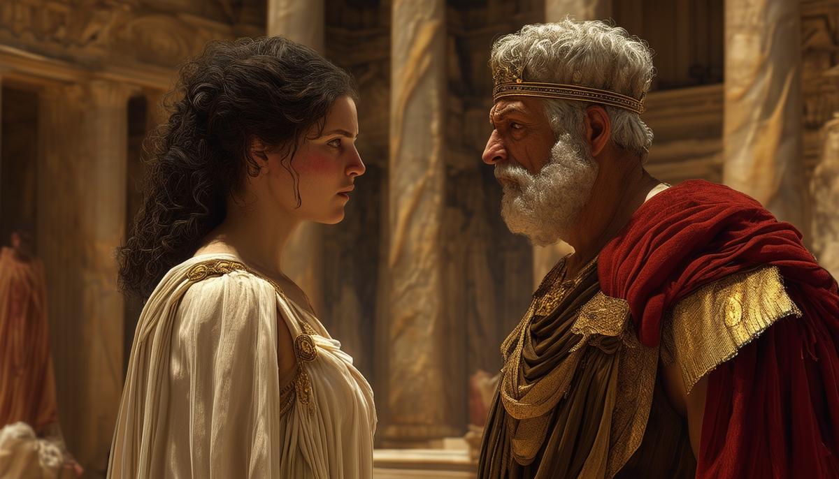 A dramatic, high-resolution photograph of Antigone, a young woman in ancient Greek clothing, standing defiantly before King Creon, her uncle, in a grand palace setting, with a determined expression on her face as she confronts him about his unjust decree.