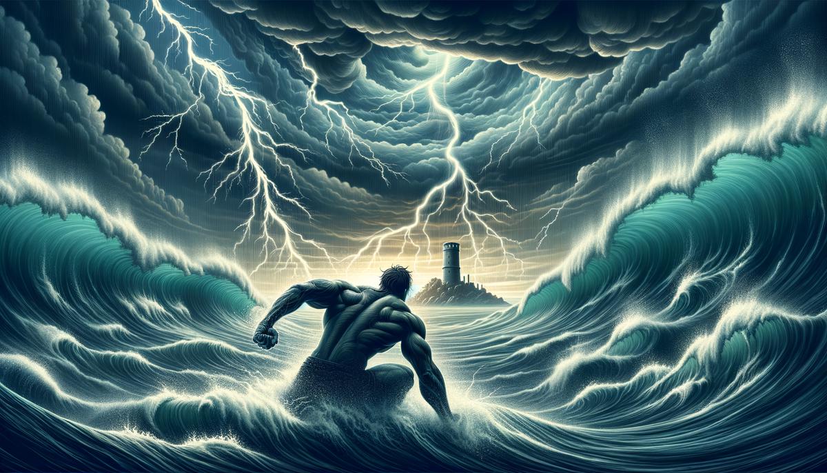 A dramatic illustration capturing the fateful night of Hero and Leander's story. Leander is shown struggling in the stormy waters of the Hellespont, his muscular form battling against the waves. In the distance, Hero's tower is barely visible, the lamp extinguished by the wind. The sky is dark and turbulent, with lightning streaking across the clouds. The overall composition emphasizes the power of nature and the fragility of human love in the face of it.