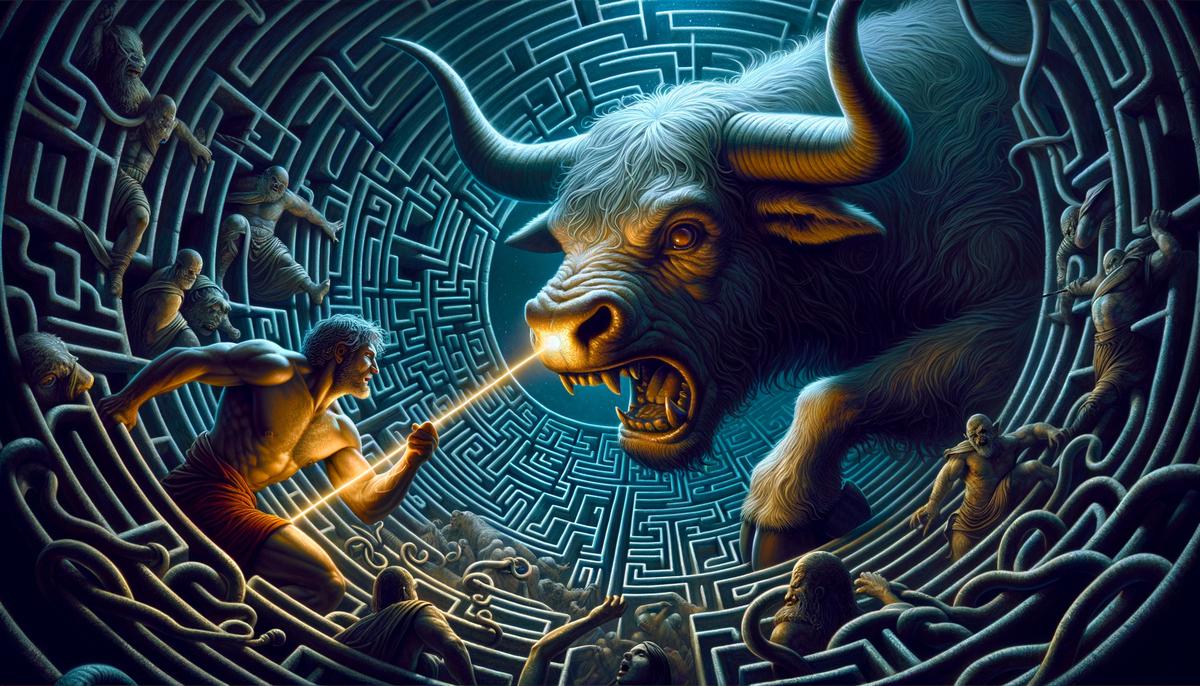 A dramatic illustration capturing Theseus's epic battle with the Minotaur in the heart of the labyrinth, the thread from Ariadne allowing him to find his way out.