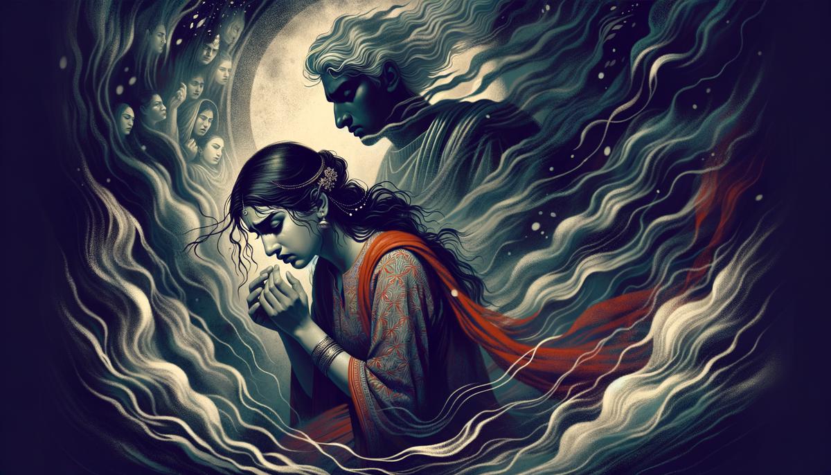 A dramatic scene depicting Aura's downfall, with Dionysus in the background and symbols of her transformation