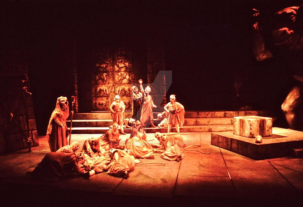 A dramatic scene depicting the cursed House of Atreus family in ancient Greek setting