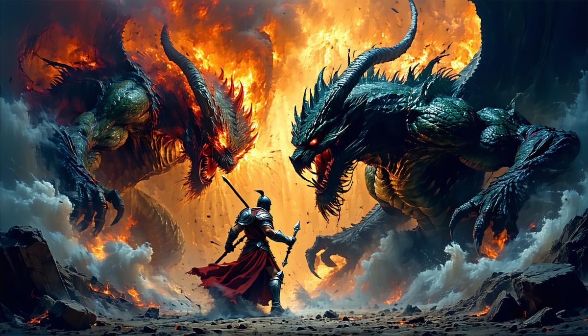 A dramatic scene depicting the monstrous Typhon battling a Greek hero, showcasing the creature's multiple heads, serpentine lower body, and chaotic nature.