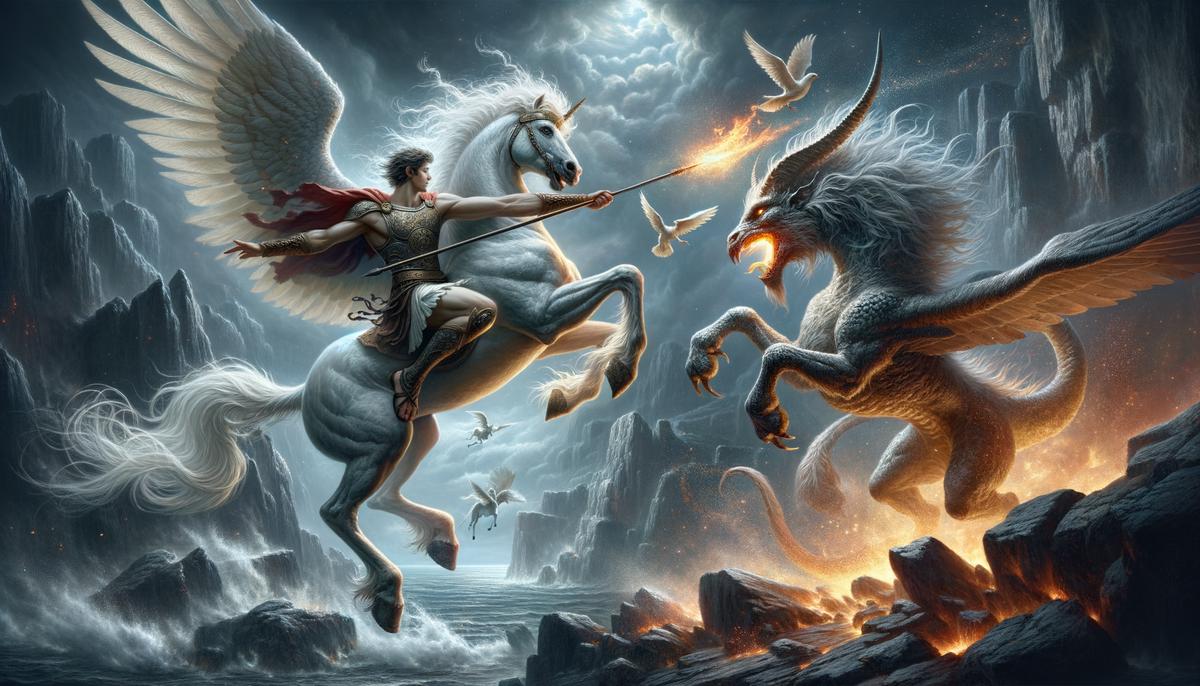 A dramatic scene of Bellerophon on Pegasus battling the fire-breathing Chimera