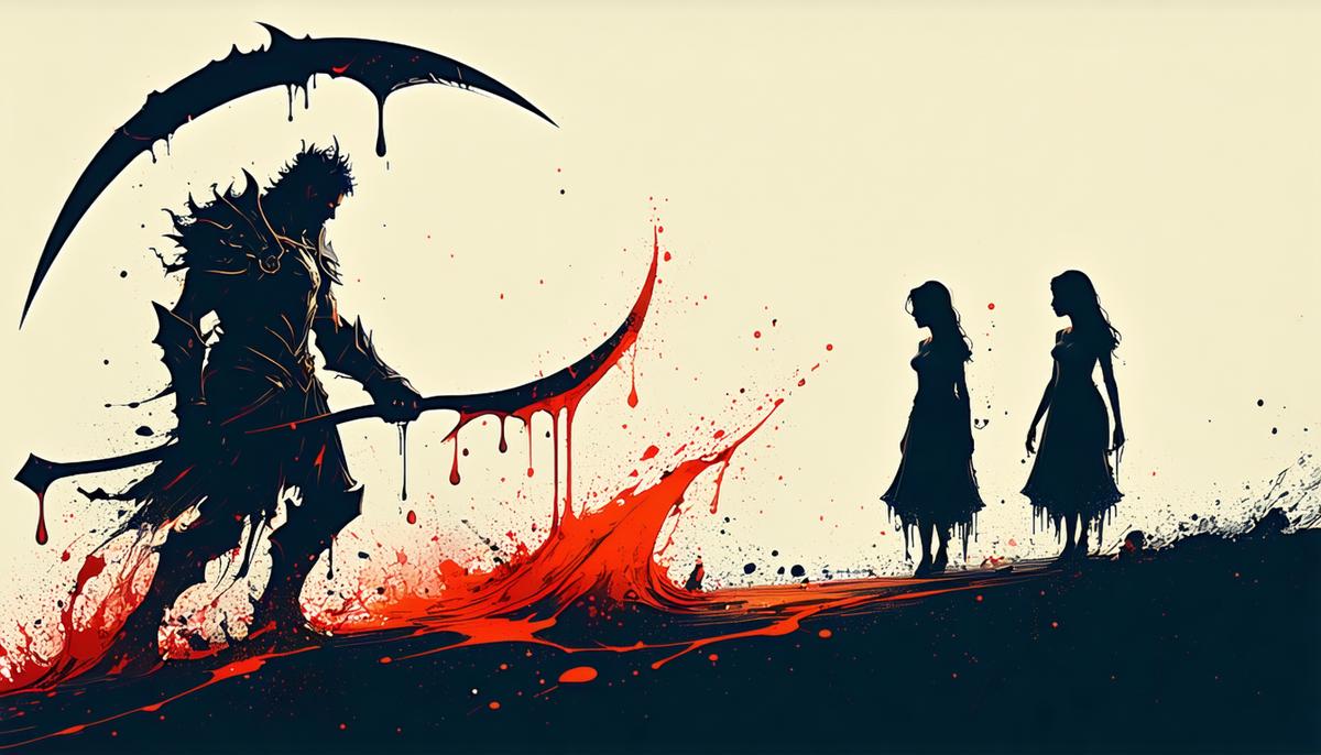 A dramatic scene of Cronus cutting Uranus with a scythe, with drops of blood falling to the earth and three shadowy female figures emerging from the blood