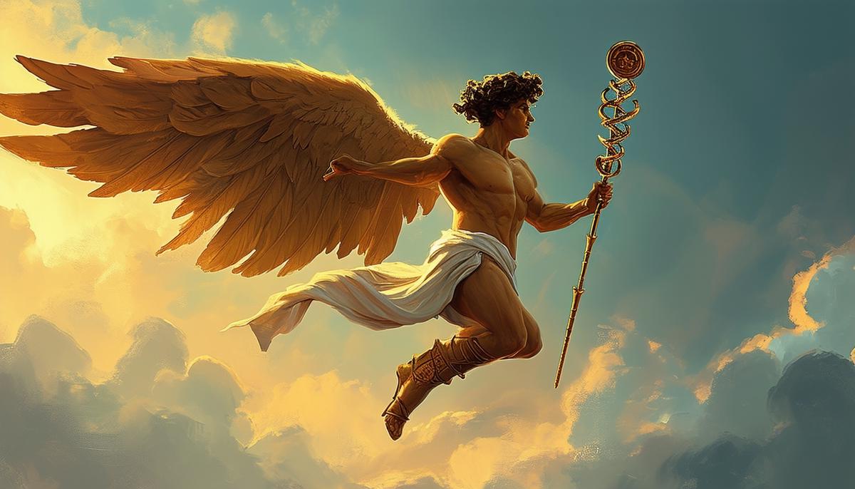 A dynamic portrayal of Hermes, the messenger god, depicted in mid-flight with his winged sandals and caduceus staff.