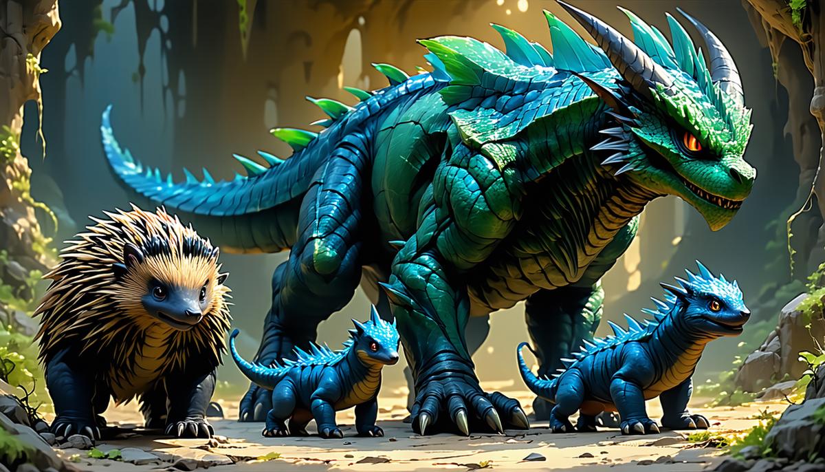 A fantastical illustration of Typhon and Echidna with their monstrous offspring