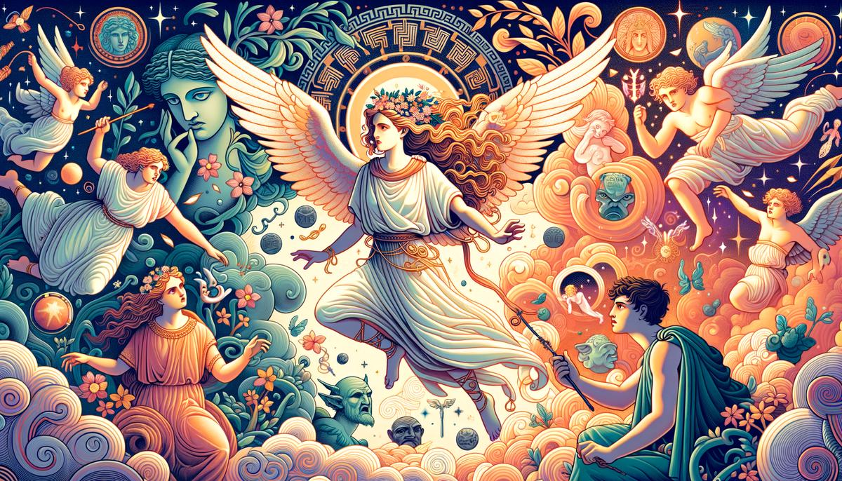 A fantastical illustration showing Psyche undertaking one of the impossible tasks set by Aphrodite. Psyche is depicted as a determined, courageous figure, her actions conveying her resourcefulness and strength in the face of adversity. In the background, Cupid watches from a distance, his expression a mix of concern and admiration. The scene is filled with mythological and supernatural elements, from the fantastic creatures Psyche must face to the divine aura surrounding Cupid. The colors are vibrant and dreamy, underlining the otherworldly nature of the tale.