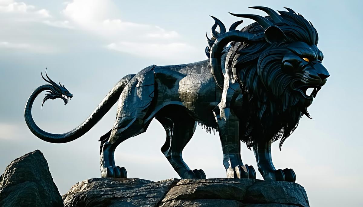 A fearsome Chimaera with a lion's head, a goat's head on its back, and a serpent tail, standing atop a rocky outcrop