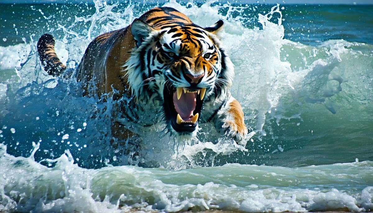 A fearsome creature with the head of a tiger and the body of a shark emerging from turbulent ocean waves near a Sicilian beach
